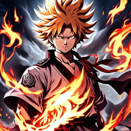 Anime profile picture of Rengoku from 'Demon Slayer' rendered in the art style of Kentaro Miura, featuring detailed depiction of his fiery hair, intense eyes, traditional uniform and a background of swirling flames.