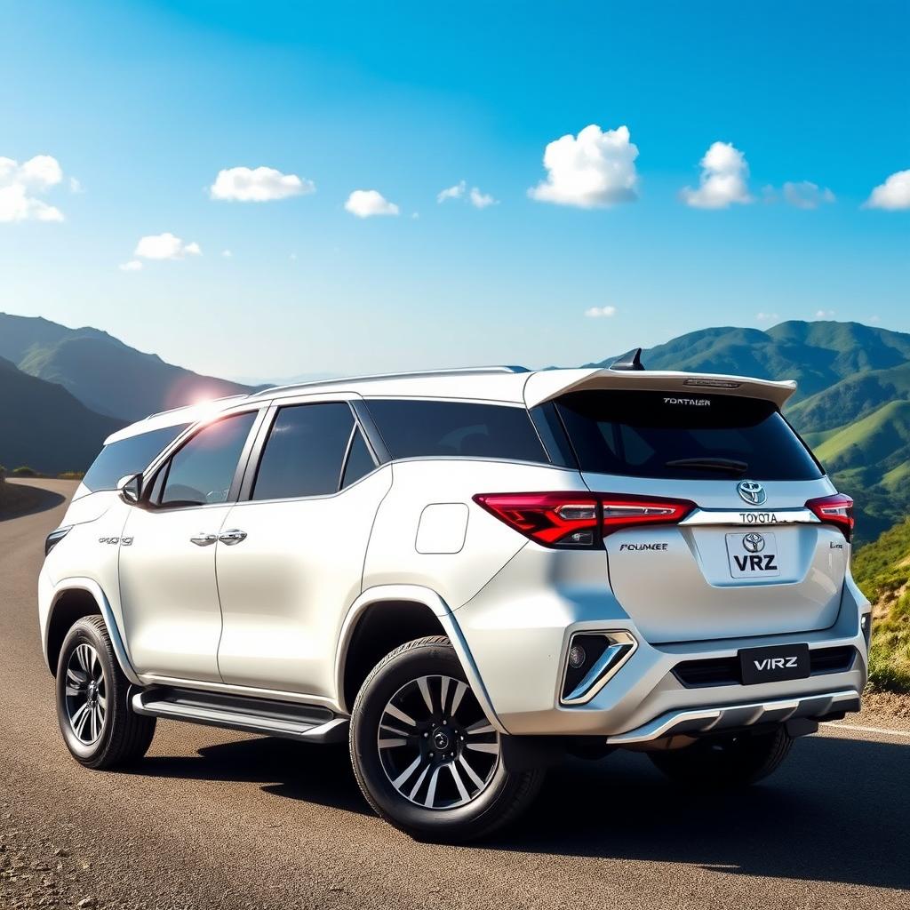 A sleek white Toyota Fortuner VRZ parked on a scenic mountain road, showcasing its stunning angular design and luxurious features