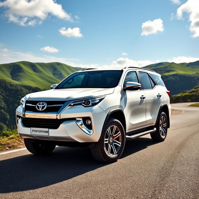 A sleek white Toyota Fortuner VRZ parked on a scenic mountain road, showcasing its stunning angular design and luxurious features