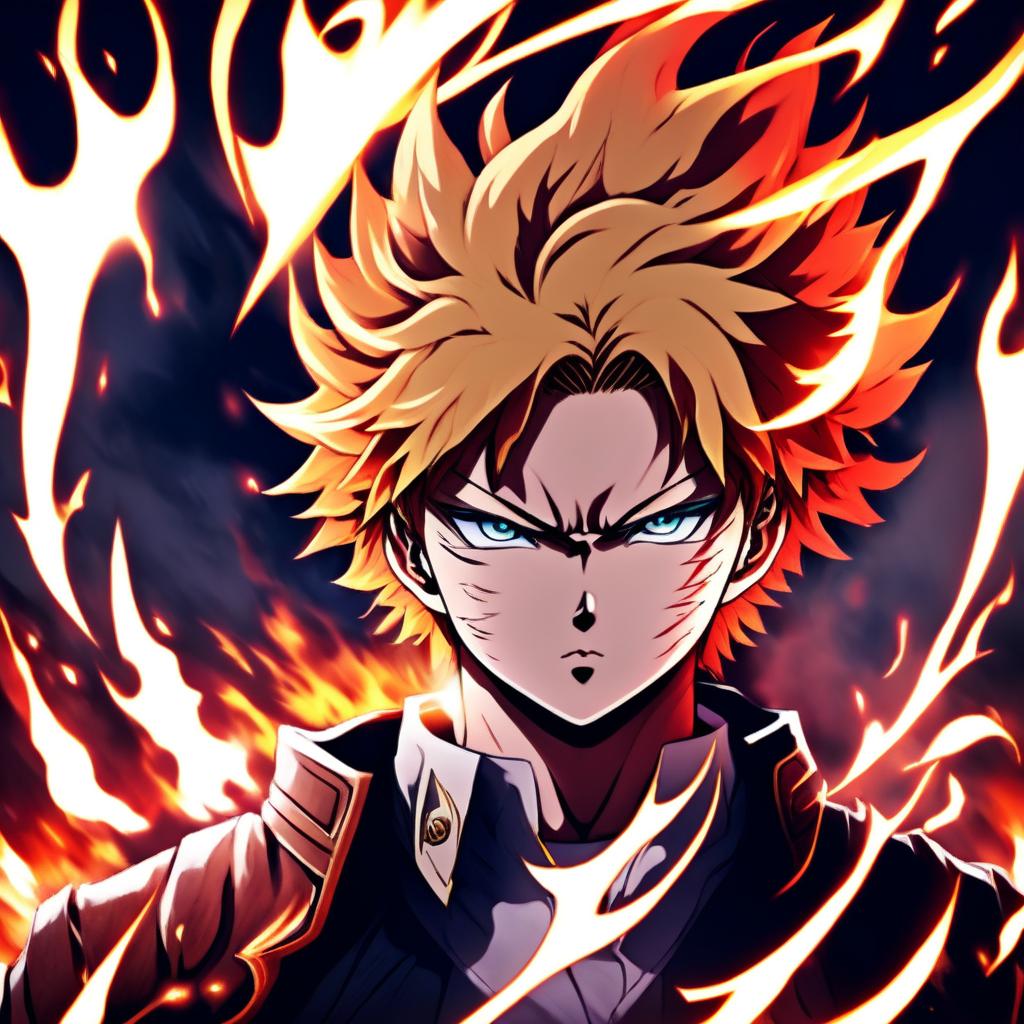 Anime profile picture of Rengoku from 'Demon Slayer' rendered in the art style of Kentaro Miura, featuring detailed depiction of his fiery hair, intense eyes, traditional uniform and a background of swirling flames.