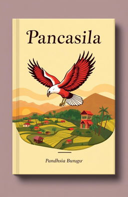 A book cover design for a book titled 'Pancasila', featuring a stylized image of a majestic Garuda bird, representing the symbol of Indonesia, soaring above a vibrant and colorful landscape that includes elements of Indonesian culture such as rice paddies, traditional houses, and palm trees