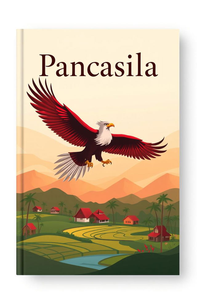 A book cover design for a book titled 'Pancasila', featuring a stylized image of a majestic Garuda bird, representing the symbol of Indonesia, soaring above a vibrant and colorful landscape that includes elements of Indonesian culture such as rice paddies, traditional houses, and palm trees