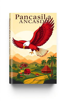 A book cover design for a book titled 'Pancasila', featuring a stylized image of a majestic Garuda bird, representing the symbol of Indonesia, soaring above a vibrant and colorful landscape that includes elements of Indonesian culture such as rice paddies, traditional houses, and palm trees
