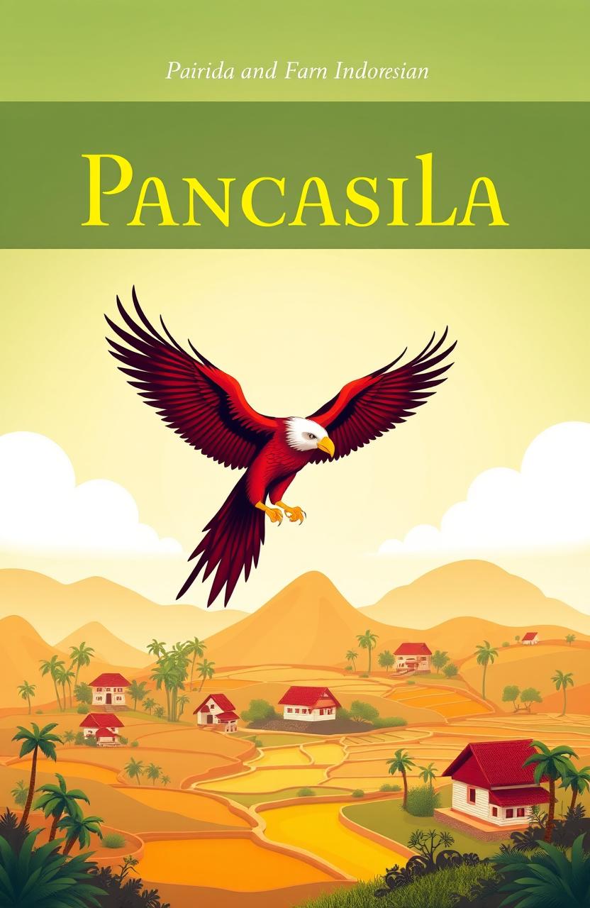 A book cover design for a book titled 'Pancasila', featuring a stylized image of a majestic Garuda bird, representing the symbol of Indonesia, soaring above a vibrant and colorful landscape that includes elements of Indonesian culture such as rice paddies, traditional houses, and palm trees