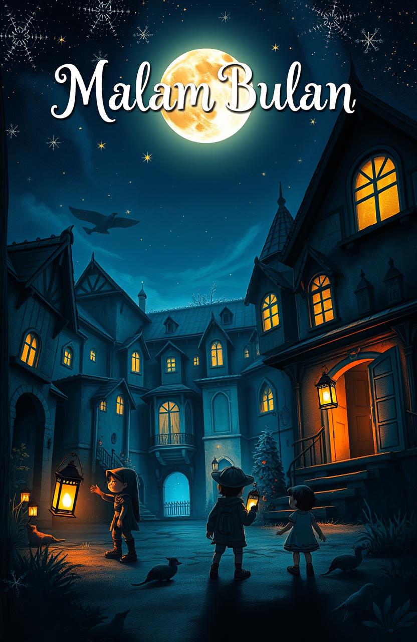 A captivating book cover for 'Malam Bulan', depicting a mysterious and enchanting night scene at a whimsical orphanage