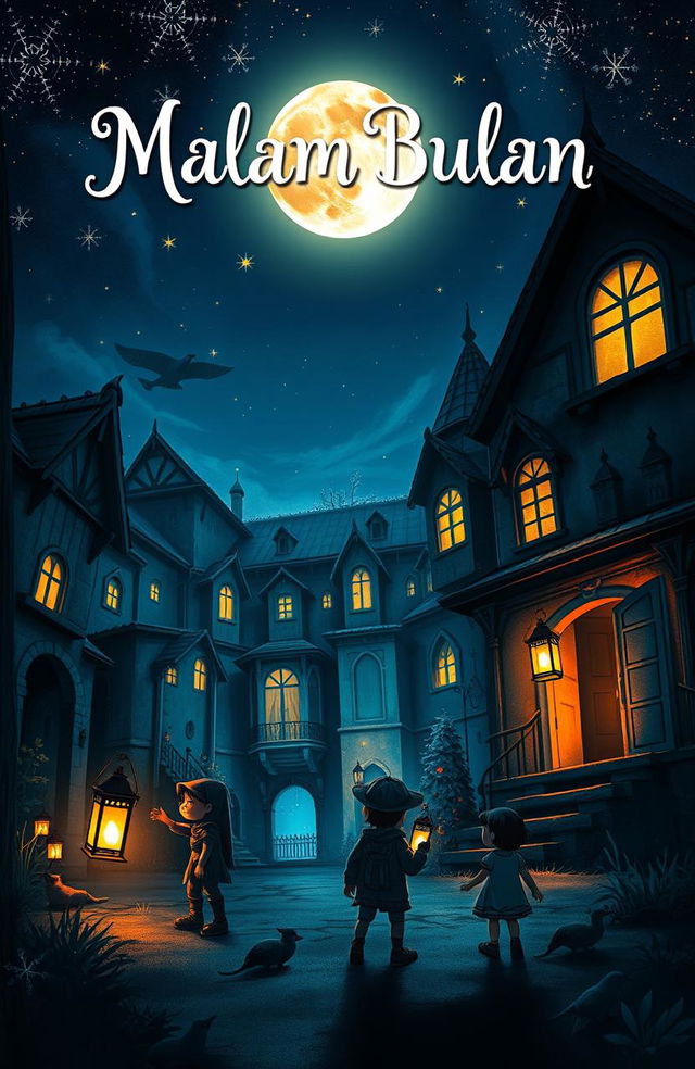 A captivating book cover for 'Malam Bulan', depicting a mysterious and enchanting night scene at a whimsical orphanage