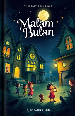 A captivating book cover for 'Malam Bulan', depicting a mysterious and enchanting night scene at a whimsical orphanage