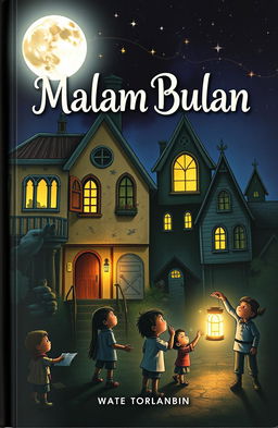 A captivating book cover for 'Malam Bulan', depicting a mysterious and enchanting night scene at a whimsical orphanage