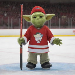 A hockey superstar dressed in full gear, standing on a hockey rink, with Yoda and Snoopy at his side, ready for a fun game. Each character should be distinctive and recognizable, with Yoda with his lightsaber and Snoopy in his classic red collar.