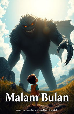 A book cover titled 'Malam Bulan', featuring a small child staring up at a towering creature approximately 3 meters tall