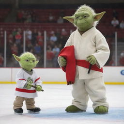 A hockey superstar dressed in full gear, standing on a hockey rink, with Yoda and Snoopy at his side, ready for a fun game. Each character should be distinctive and recognizable, with Yoda with his lightsaber and Snoopy in his classic red collar.