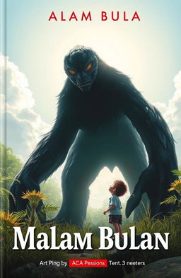 A book cover titled 'Malam Bulan', featuring a small child staring up at a towering creature approximately 3 meters tall
