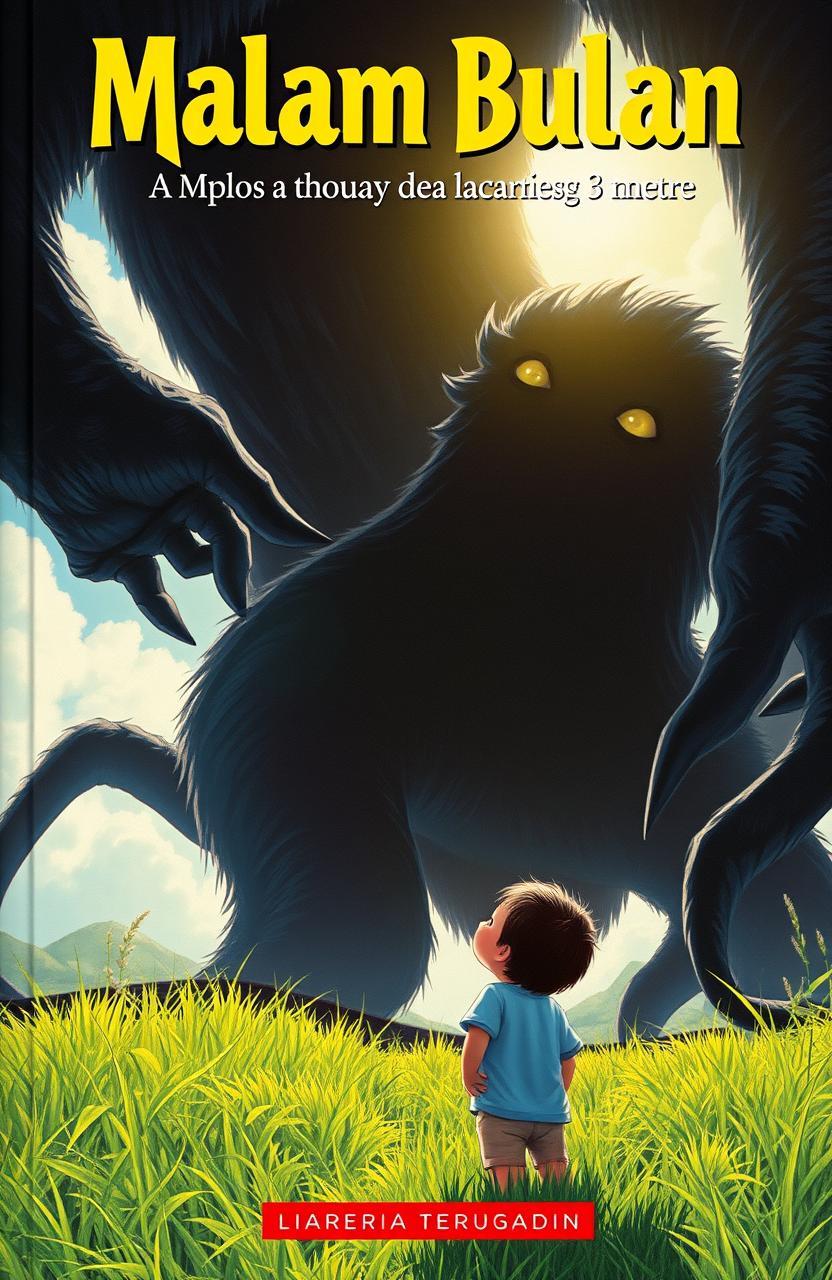 A book cover titled 'Malam Bulan', featuring a small child staring up at a towering creature approximately 3 meters tall