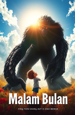 A book cover titled 'Malam Bulan', featuring a small child staring up at a towering creature approximately 3 meters tall