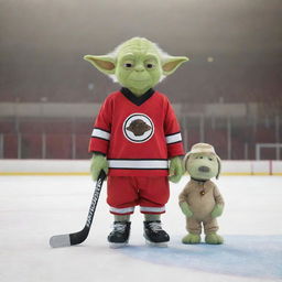 A hockey superstar dressed in full gear, standing on a hockey rink, with Yoda and Snoopy at his side, ready for a fun game. Each character should be distinctive and recognizable, with Yoda with his lightsaber and Snoopy in his classic red collar.