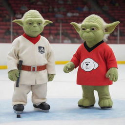 A hockey superstar dressed in full gear, standing on a hockey rink, with Yoda and Snoopy at his side, ready for a fun game. Each character should be distinctive and recognizable, with Yoda with his lightsaber and Snoopy in his classic red collar.