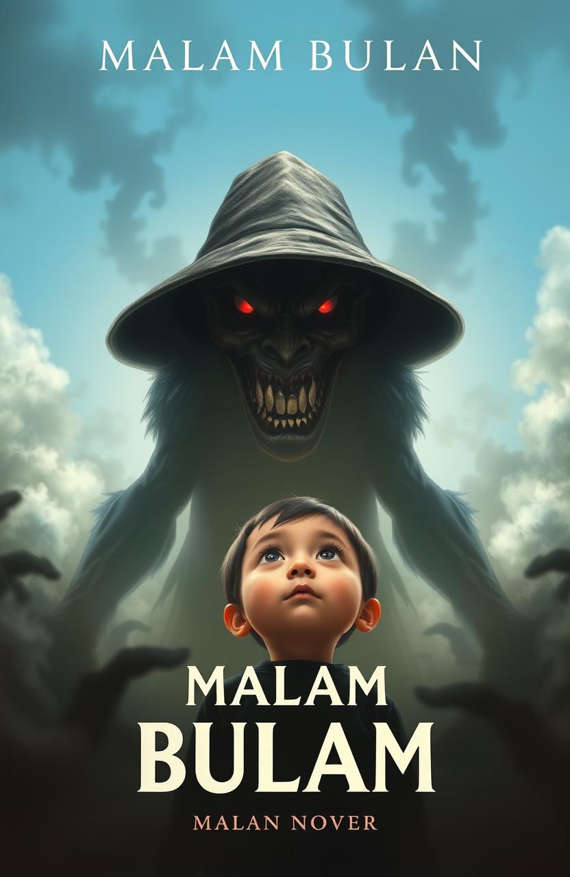 A book cover for a novel titled "Malam Bulan" featuring a small child with wide, curious eyes staring up at a towering, human-bodied creature that stands about 3 meters tall