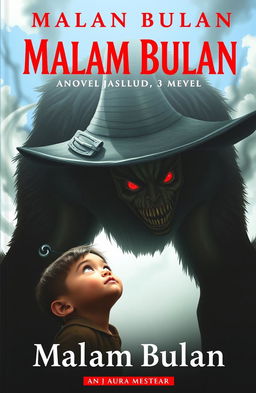 A book cover for a novel titled "Malam Bulan" featuring a small child with wide, curious eyes staring up at a towering, human-bodied creature that stands about 3 meters tall