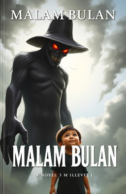 A book cover for a novel titled "Malam Bulan" featuring a small child with wide, curious eyes staring up at a towering, human-bodied creature that stands about 3 meters tall