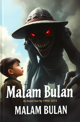 A book cover for a novel titled "Malam Bulan" featuring a small child with wide, curious eyes staring up at a towering, human-bodied creature that stands about 3 meters tall