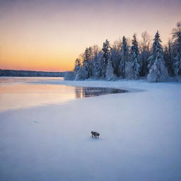 The same hockey superstar, Yoda and Snoopy, but now they are on a serene and frozen lake. The trees on the coastline are powdered with snow, and the icy surface of the lake reflects a stunning winter sunset.