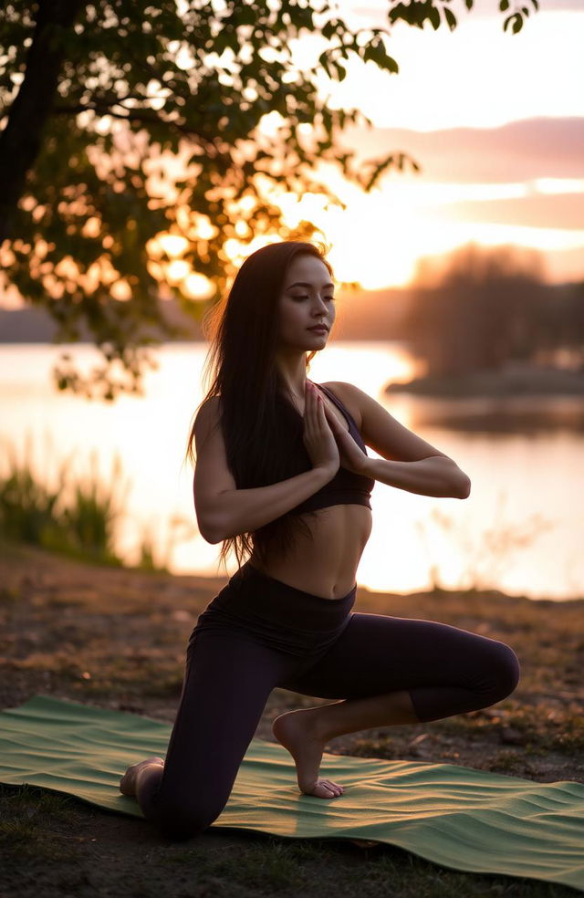 A serene scene of a woman practicing yoga in a tranquil setting, surrounded by nature