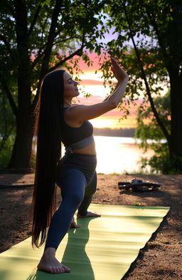 A serene scene of a woman practicing yoga in a tranquil setting, surrounded by nature