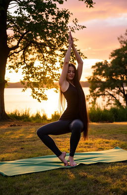 A serene scene of a woman practicing yoga in a tranquil setting, surrounded by nature