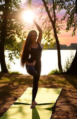 A serene scene of a woman practicing yoga in a tranquil setting, surrounded by nature