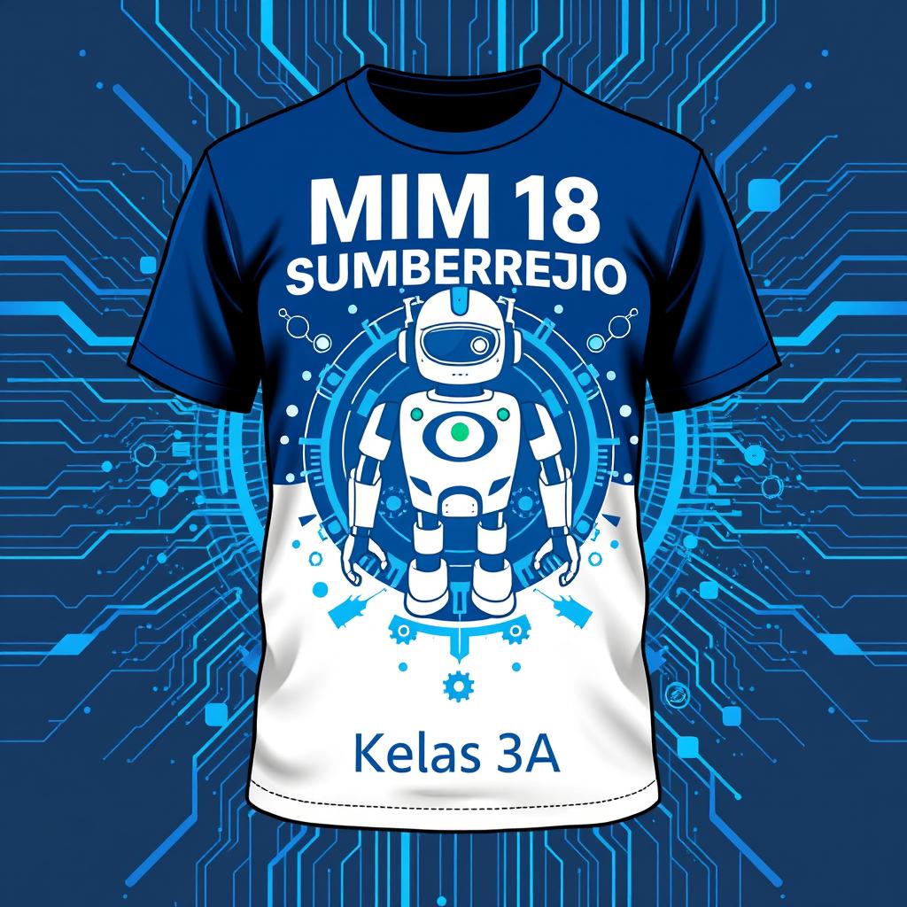 A vibrant and modern t-shirt design for MIM 18 Sumberrejo, specifically for class 3A, featuring elements of smart technology and robotics