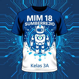 A vibrant and modern t-shirt design for MIM 18 Sumberrejo, specifically for class 3A, featuring elements of smart technology and robotics