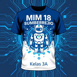 A vibrant and modern t-shirt design for MIM 18 Sumberrejo, specifically for class 3A, featuring elements of smart technology and robotics