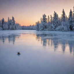 The same hockey superstar, Yoda and Snoopy, but now they are on a serene and frozen lake. The trees on the coastline are powdered with snow, and the icy surface of the lake reflects a stunning winter sunset.