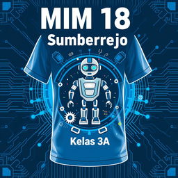 A vibrant and modern t-shirt design for MIM 18 Sumberrejo, specifically for class 3A, featuring elements of smart technology and robotics