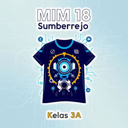 A vibrant and modern t-shirt design for MIM 18 Sumberrejo, specifically for class 3A, featuring elements of smart technology and robotics