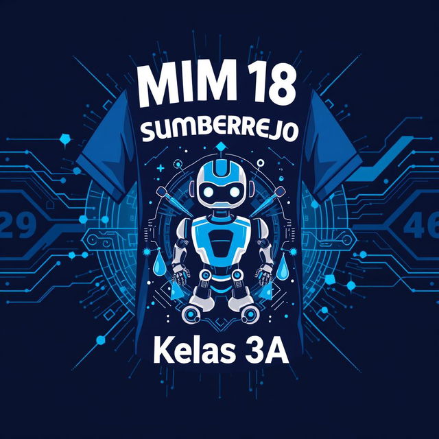 A vibrant and modern t-shirt design for MIM 18 Sumberrejo, specifically for class 3A, featuring elements of smart technology and robotics