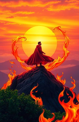 A powerful and inspiring scene depicting an individual standing tall atop a mountain, surrounded by swirling flames that represent embracing one's inner strength and confidence