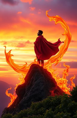A powerful and inspiring scene depicting an individual standing tall atop a mountain, surrounded by swirling flames that represent embracing one's inner strength and confidence