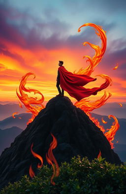 A powerful and inspiring scene depicting an individual standing tall atop a mountain, surrounded by swirling flames that represent embracing one's inner strength and confidence