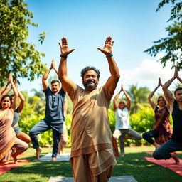 A dynamic scene inspired by Rajiv Dixit's yoga teachings, showcasing a male yoga instructor with rugged features and a confident expression, demonstrating traditional yoga poses