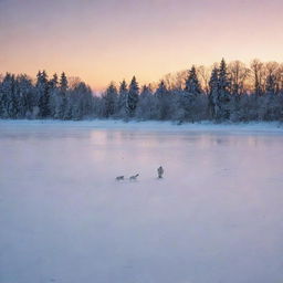 The same hockey superstar, Yoda and Snoopy, but now they are on a serene and frozen lake. The trees on the coastline are powdered with snow, and the icy surface of the lake reflects a stunning winter sunset.