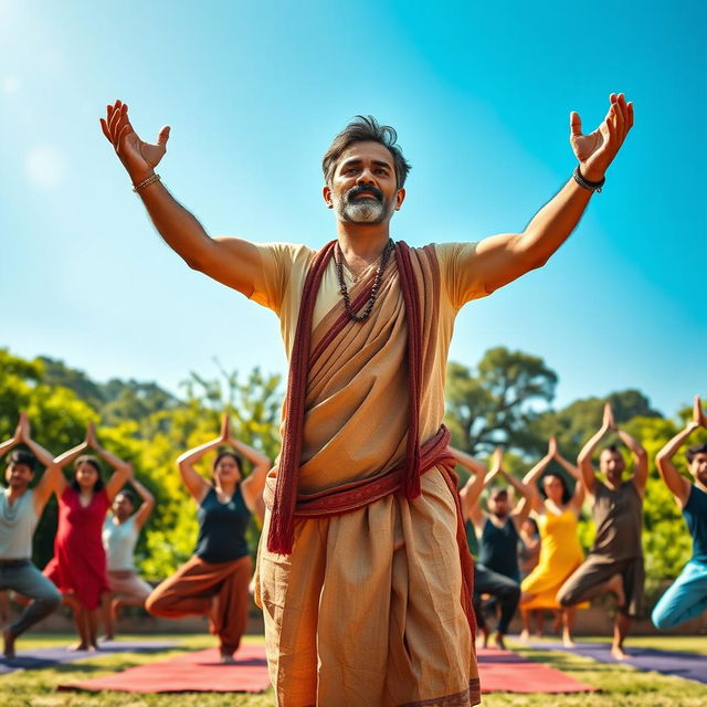 A dynamic scene inspired by Rajiv Dixit's yoga teachings, showcasing a male yoga instructor with rugged features and a confident expression, demonstrating traditional yoga poses