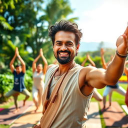 A dynamic scene inspired by Rajiv Dixit's yoga teachings, showcasing a male yoga instructor with rugged features and a confident expression, demonstrating traditional yoga poses