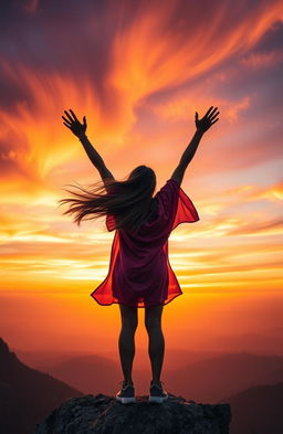 A powerful and inspiring scene of a person standing on a mountaintop, arms raised in triumph against a breathtaking sunset