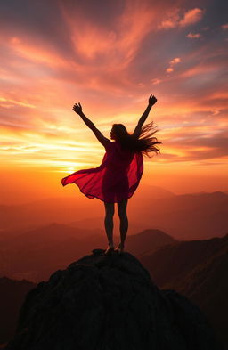 A powerful and inspiring scene of a person standing on a mountaintop, arms raised in triumph against a breathtaking sunset