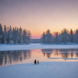 The same hockey superstar, Yoda and Snoopy, but now they are on a serene and frozen lake. The trees on the coastline are powdered with snow, and the icy surface of the lake reflects a stunning winter sunset.