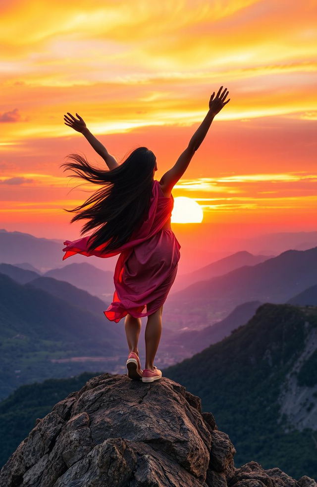 A powerful and inspiring scene of a person standing on a mountaintop, arms raised in triumph against a breathtaking sunset