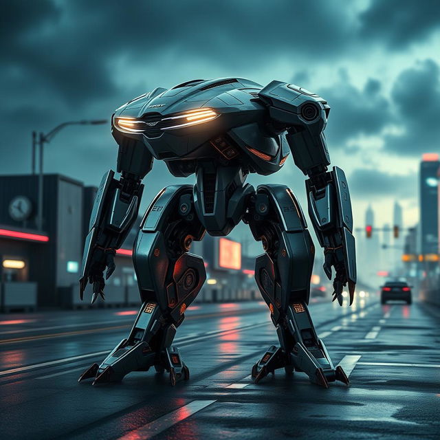 A futuristic Aston Martin-inspired battle robot, featuring sleek lines and elegant curves reminiscent of luxury sports cars