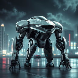 A futuristic Aston Martin-inspired battle robot, featuring sleek lines and elegant curves reminiscent of luxury sports cars
