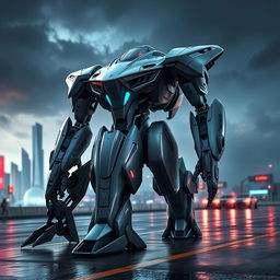 A futuristic Aston Martin-inspired battle robot, featuring sleek lines and elegant curves reminiscent of luxury sports cars